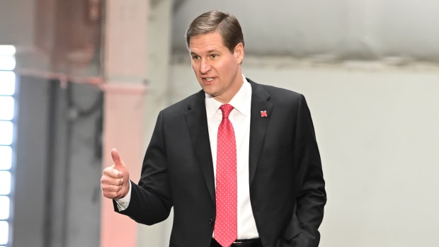 Trev Alberts at Matt Rhule introductory press conference 2022 Nebraska football USATSI_19521008